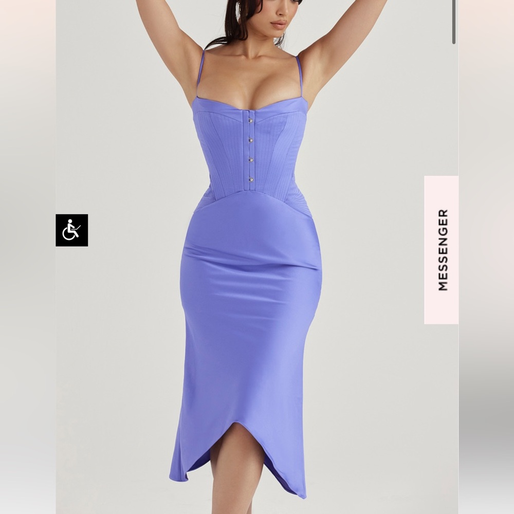 House of CB Imogen Corset Dress Satin Periwinkle Mixed Media Corset Midi Dress